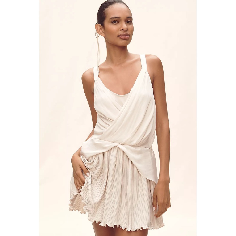 NEW Anthropologie Mini Dress SIZE L Ivory Pleated Wrap Twisted Waist Bridal